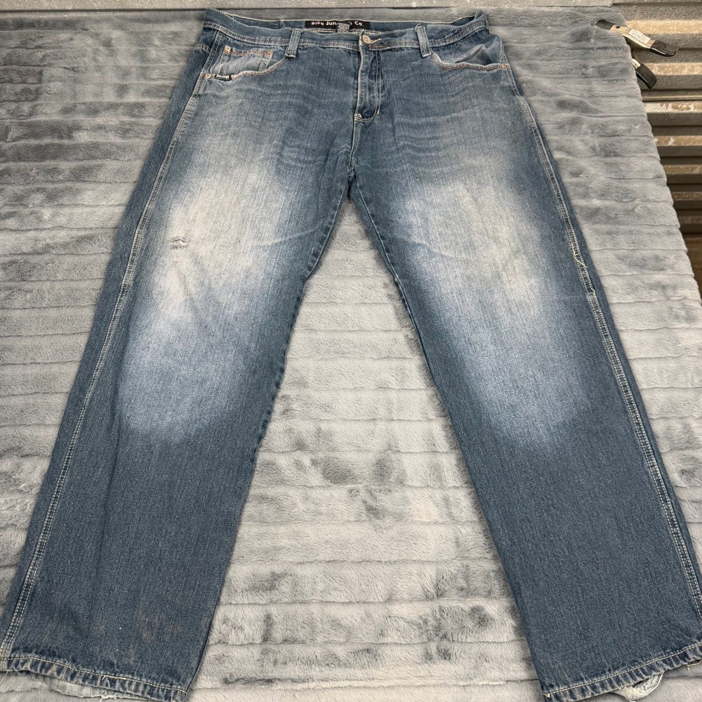 5ive Jungle & Co Mens Baggy Denim Jeans Size 42 Blue Embroidered Streetwear Y2K